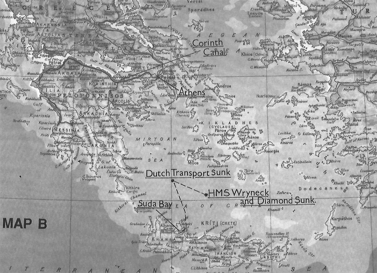 Map of Easterm Mediterranean showing where HMS Wryneck sunk