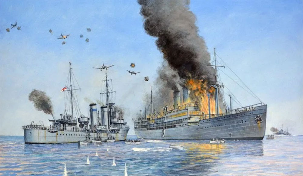 Robert Blackwell's painting of Slamat on fire while HMS Diammond stands by and HMS Wryneck races to join in the rescue