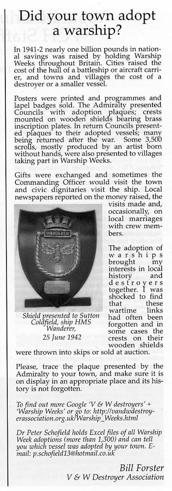 Article in Summer issue of Local History News about Wartsdhhip Weeks and adoption of warships by towns ansd cities